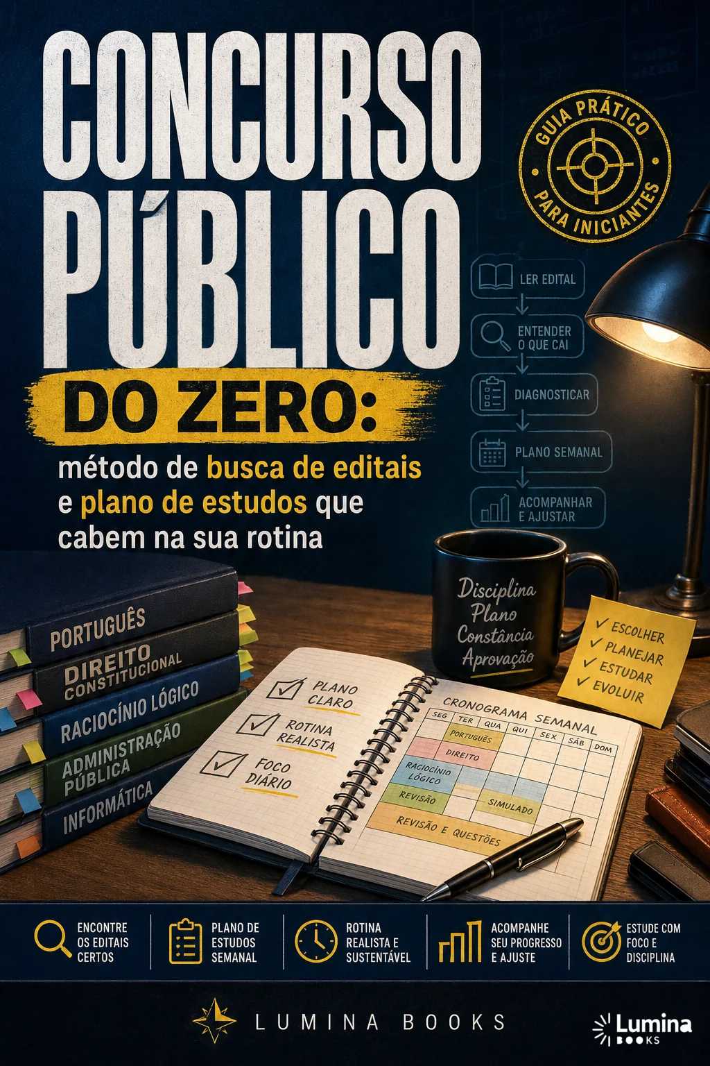 Capa de Concurso Público do Zero: método de busca de editais e plano de estudos que cabem na sua rotina