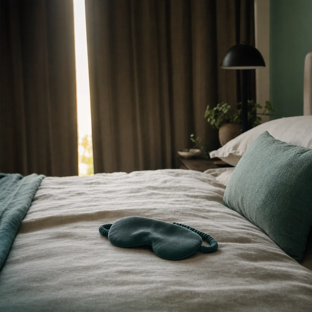 Quarto sereno preparado para descanso durante o dia, com cortinas escuras, roupa de cama em tons neutros e máscara de dormir.