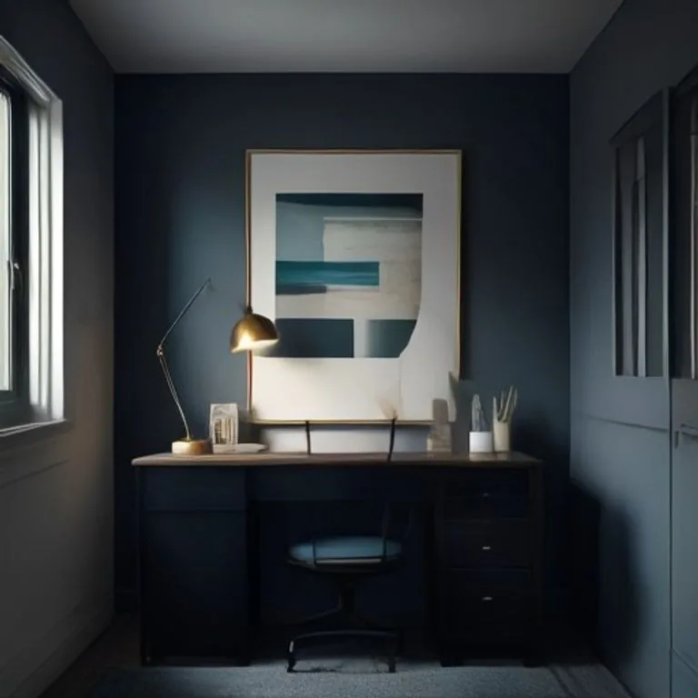 Ambiente de escritório contemporâneo e organizado, com iluminação azul profunda e detalhes quentes.