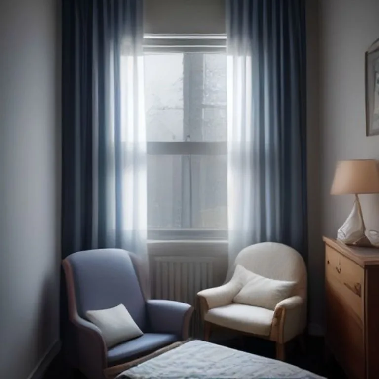 Quarto de bebê sereno à noite, com poltrona, berço e luz suave.