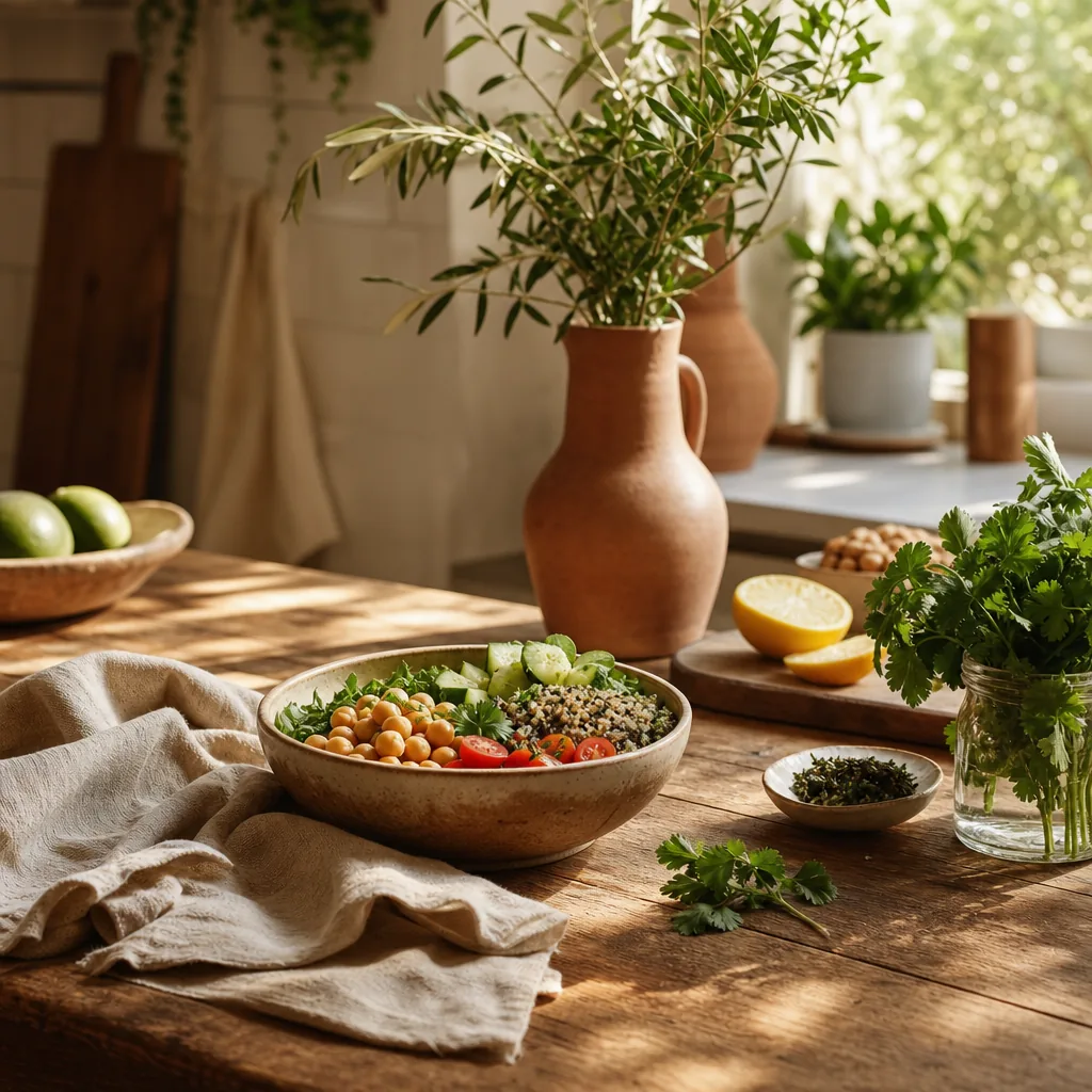Mesa iluminada com alimentos naturais, ervas e um caderno de rotina em ambiente acolhedor.