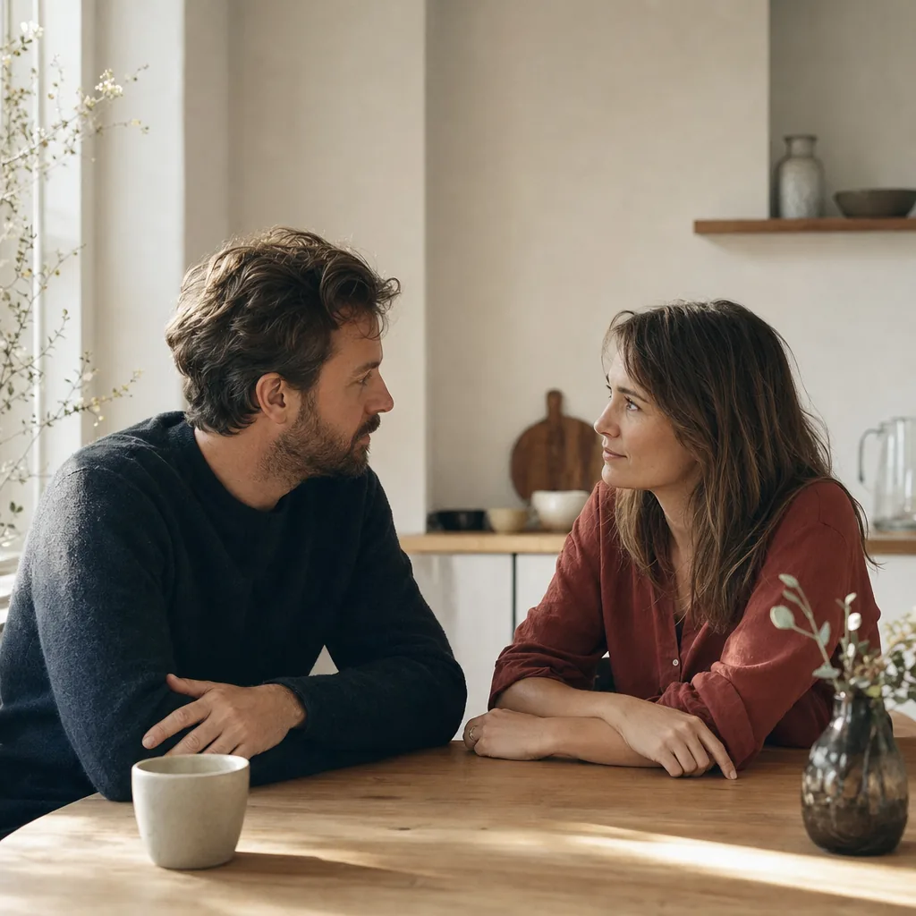 Casal adulto sentado à mesa em um momento calmo e atento de conversa.